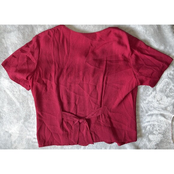Ship N Shore Vintage 80s Womens L Blouse Red Button Up Rayon Top Back Bow Tie - Picture 2 of 9